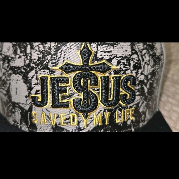 Top Level Jesus Saved My Life  Snapback Hat Black Rhinestones Gray Christian Cap - Picture 3 of 6